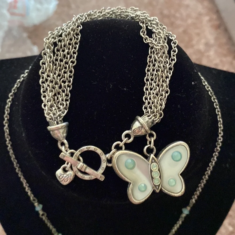 BRIGHTON vintage‎ multi strand silver and blue stone butterfly pendant bracelet